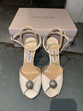 Jimmy Choo Sacora 85mm Silk Ankle-Strap Peep-Toe Heels with Crystal Brooch